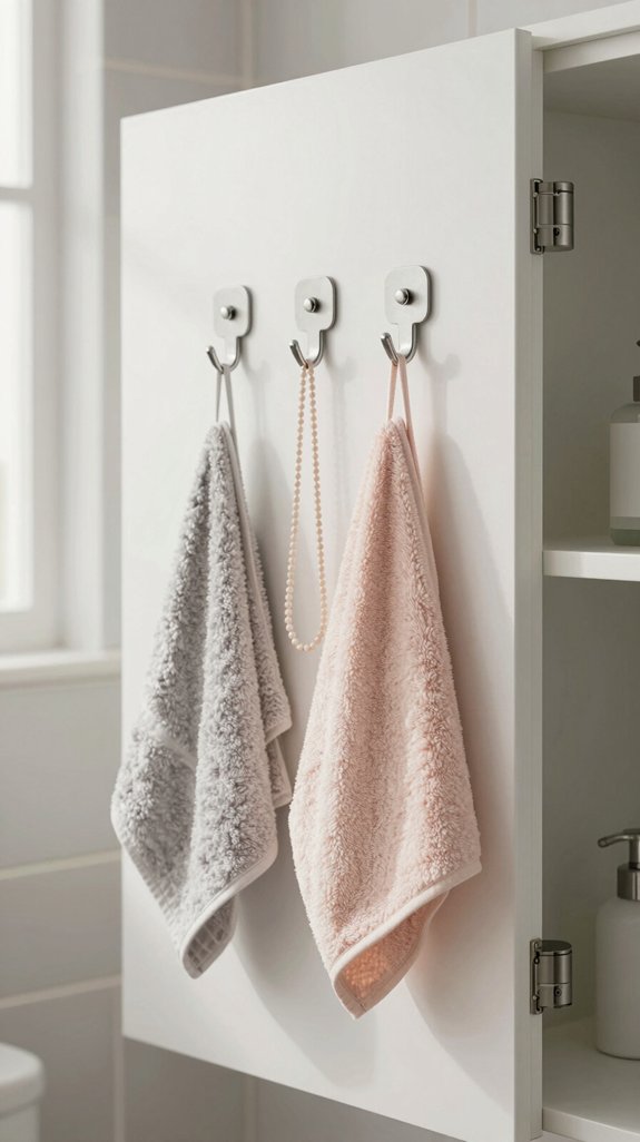 26 Tiny Bathroom Storage Ideas That Save Every Inch 16 adhesive hooks for organization