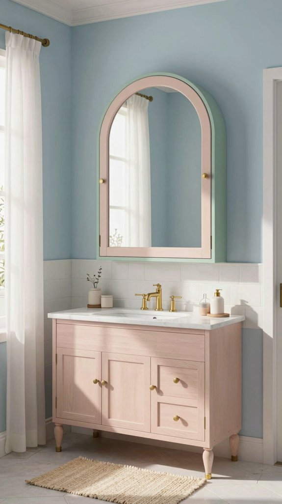 25 Blue Bathroom Ideas for a Calm Coastal Vibe 24 arched mirrored cabinet elegance