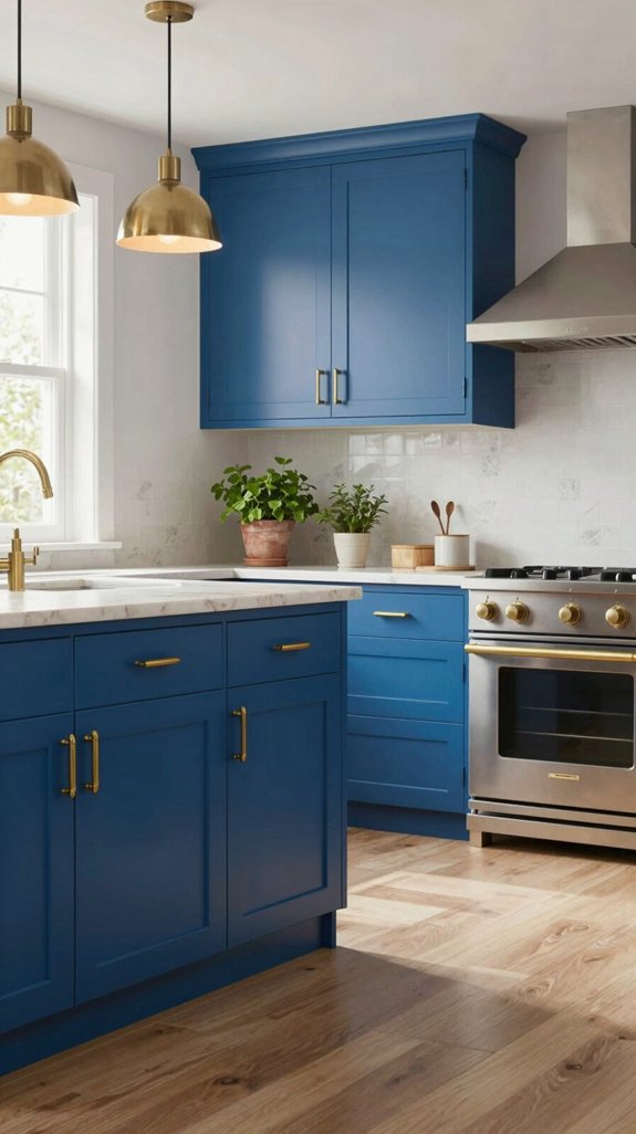 blue cabinets warm metal