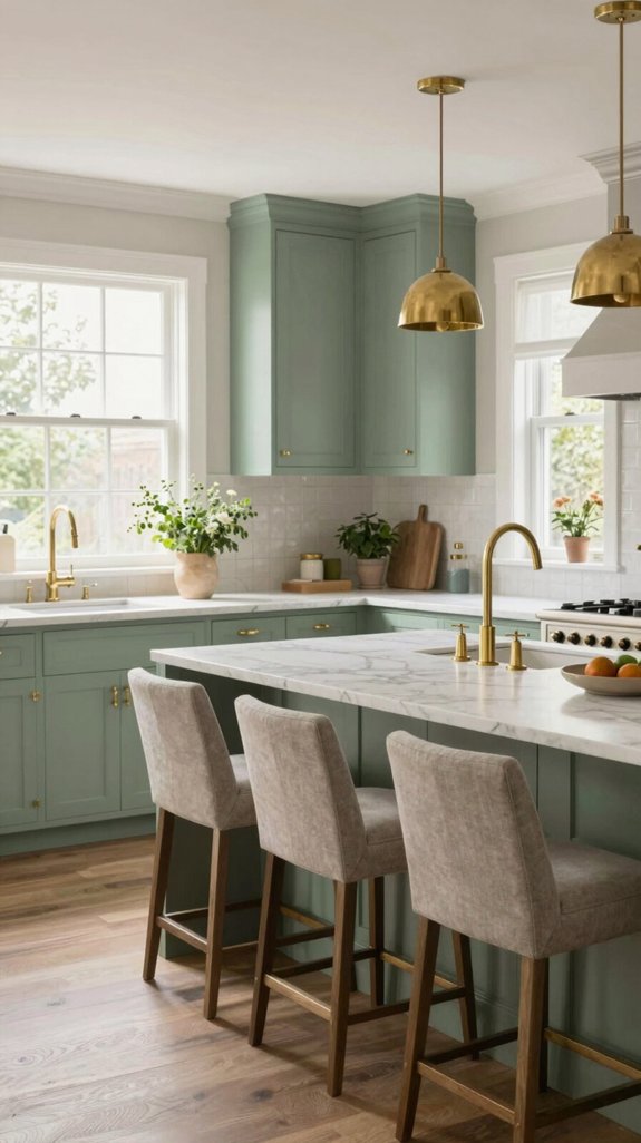 19 Sage Green Kitchen Ideas That Feel Calm and Elegant 7 brass accents elevate kitchens
