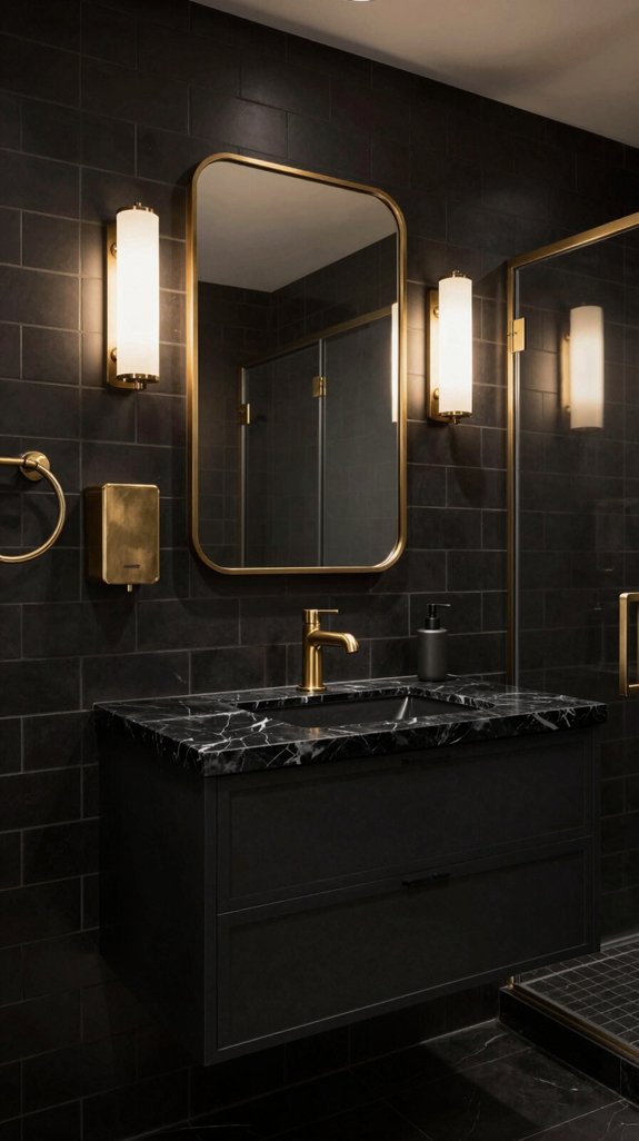 17 Black Bathroom Ideas That Feel Bold and Luxurious 14 brushed brass matte black contrast