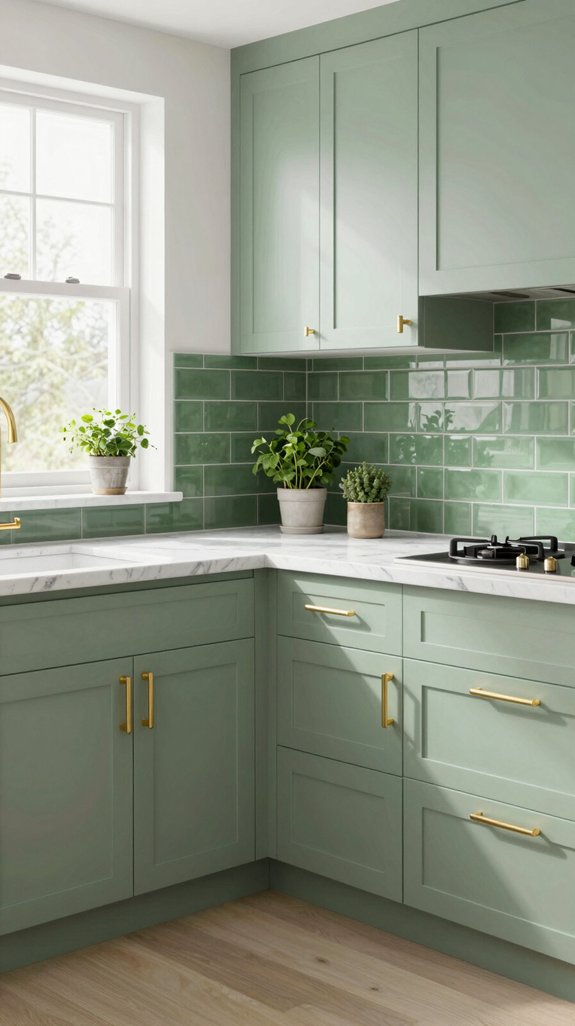 brushed gold enhances green kitchens