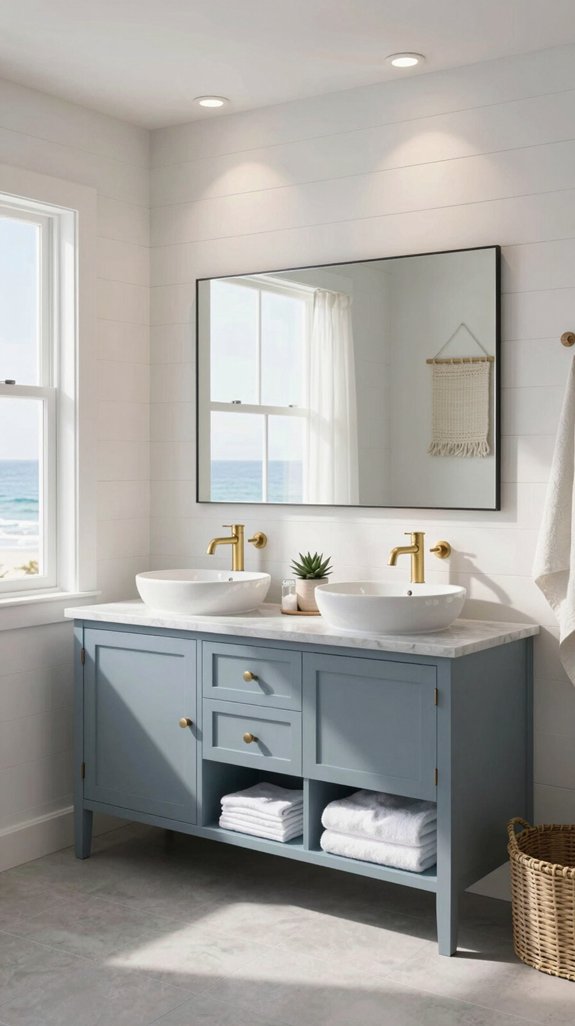 25 Blue Bathroom Ideas for a Calm Coastal Vibe 26 coastal shiplap and cabinetry