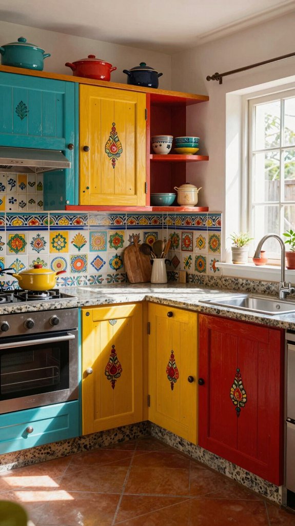 colorful traditional kitchen cabinets