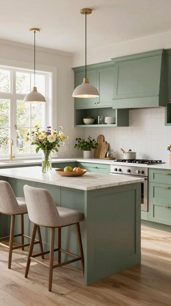 19 Sage Green Kitchen Ideas That Feel Calm and Elegant 8 cozy elegant lighting enhancements