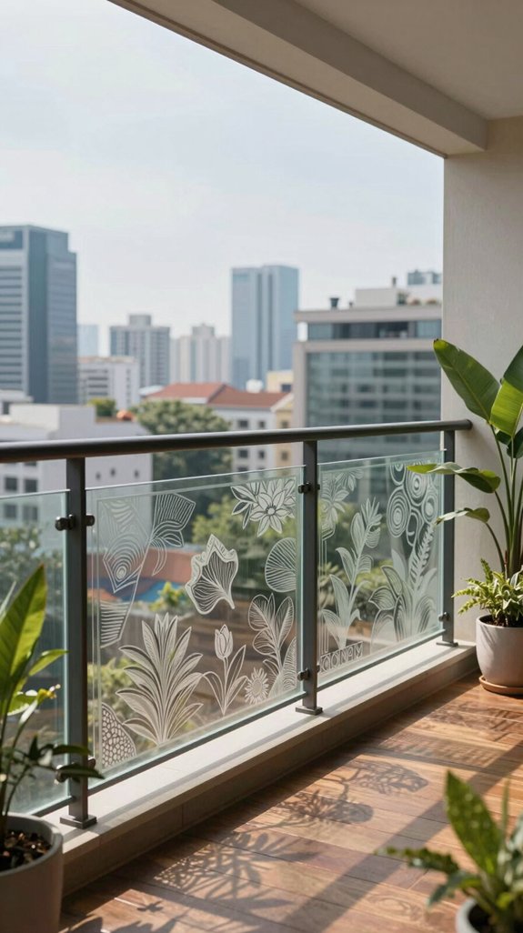 17 Glass Balcony Railing Ideas for Stylish Safety 10 custom etched glass railings