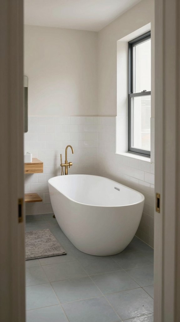 19 Long Narrow Bathroom Ideas That Improve Flow 10 diagonal freestanding bathtub placement