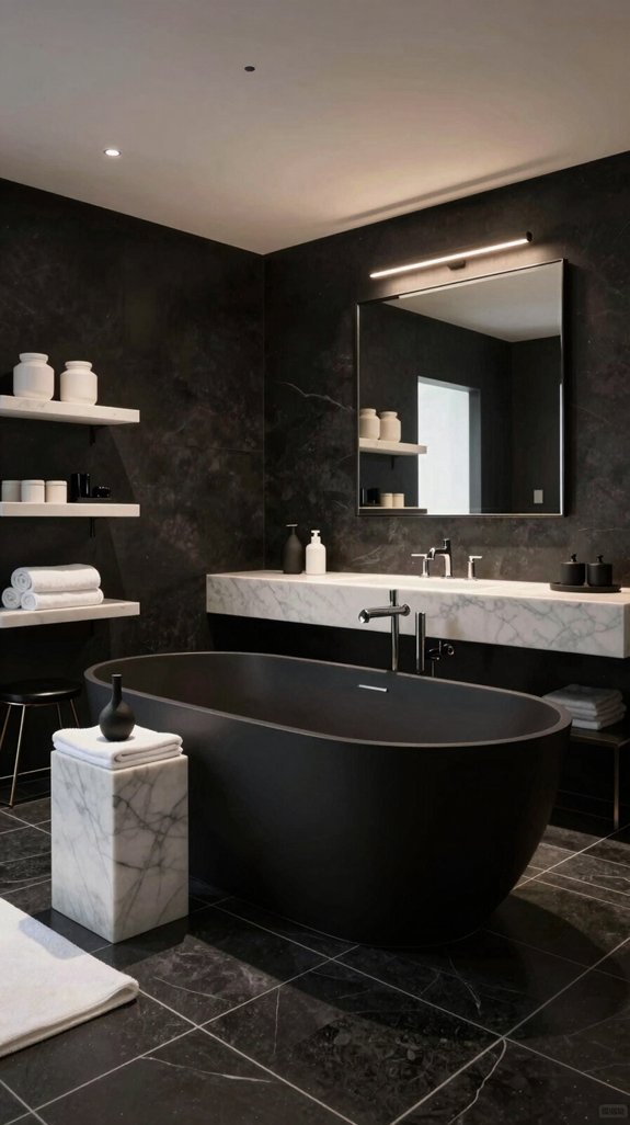 22 Black and White Bathroom Ideas for Timeless Contrast 11 dramatic black spa aesthetics