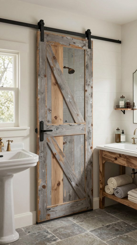 24 Farmhouse Bathroom Ideas With Rustic Charm 21 dramatic sliding barn doors
