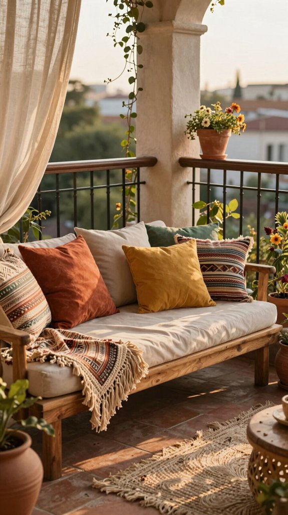 16 Balcony Design Ideas for a Stunning Outdoor Upgrade 13 eclectic boho cushion layering