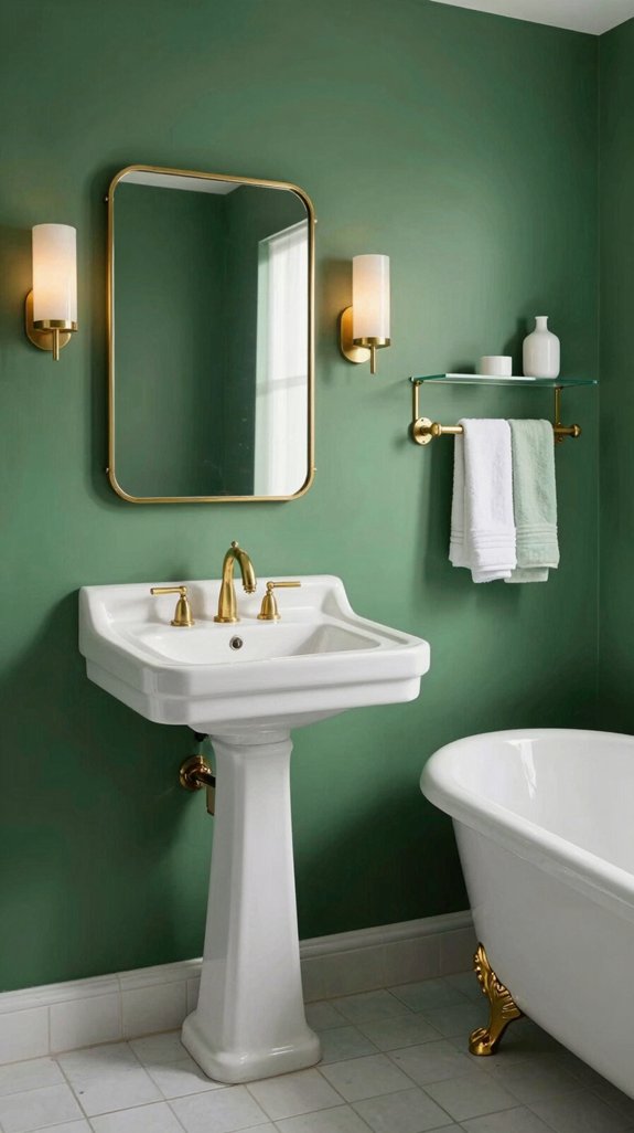 24 Sage Green Bathroom Ideas for a Calm and Modern Look 21 emerald walls brass accents
