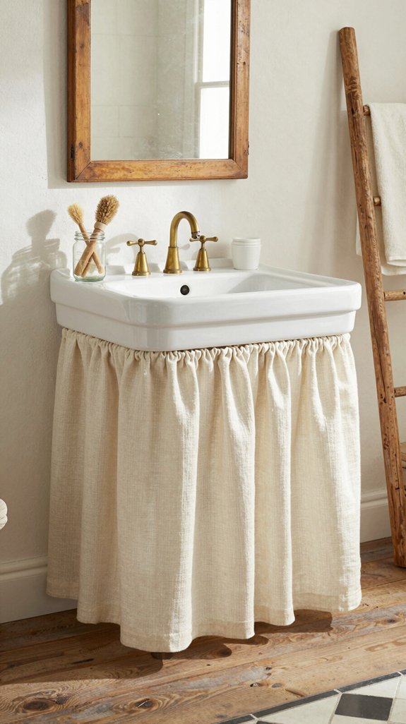 24 Farmhouse Bathroom Ideas With Rustic Charm 23 fabric sink skirts transform plumbing