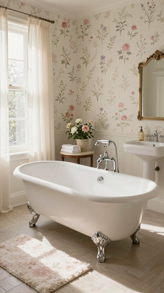 freestanding tubs floral wallpaper