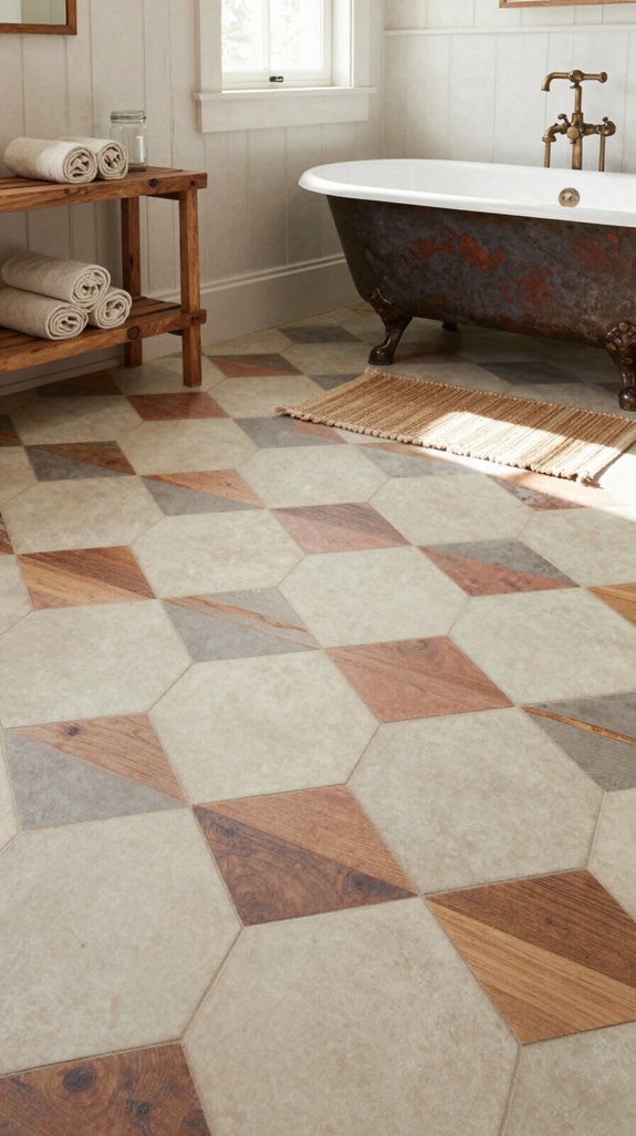 24 Farmhouse Bathroom Ideas With Rustic Charm 6 geometric wood tile elegance
