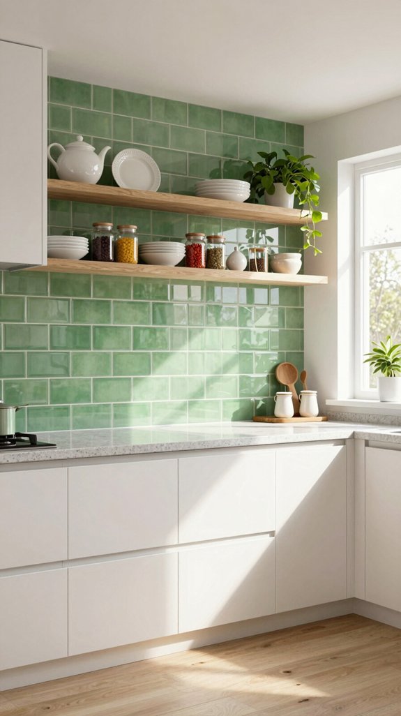 green backsplashes open shelving