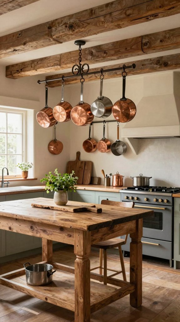 23 Farmhouse Kitchen Ideas for a Cozy Rustic Feel 22 hanging pots and pans