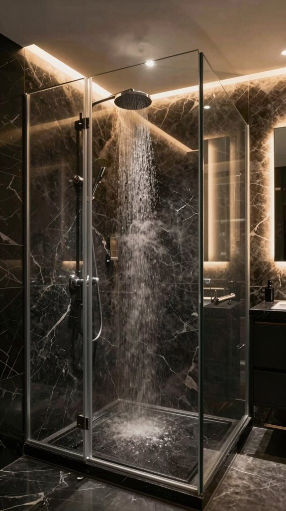 17 Black Bathroom Ideas That Feel Bold and Luxurious 13 immersive atmospheric shower lighting