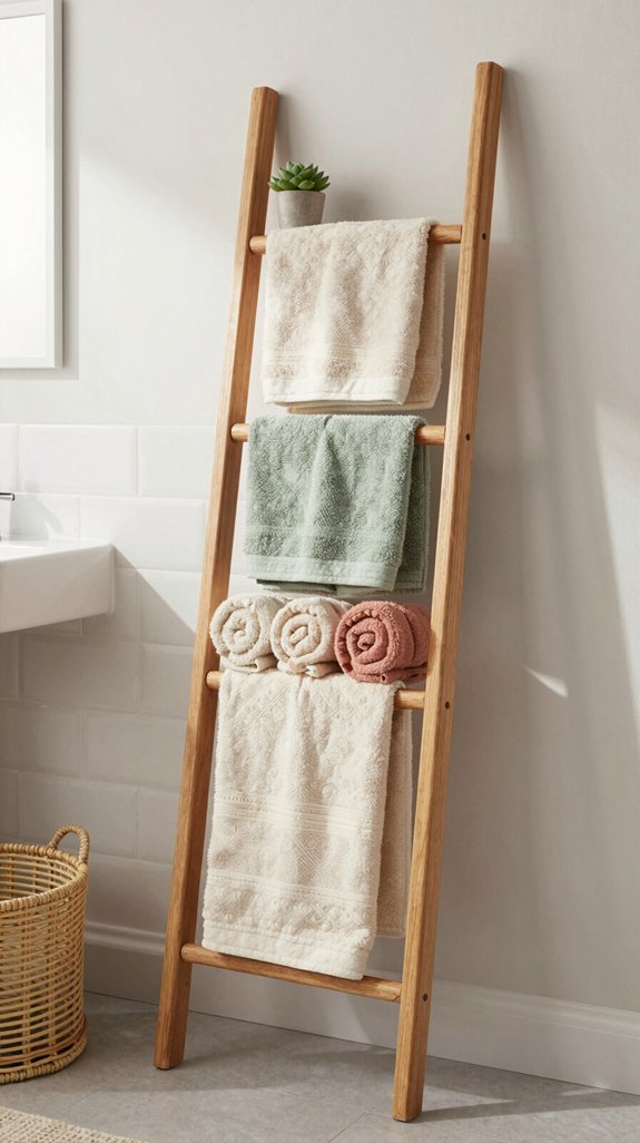 22 Apartment Bathroom Decor Ideas That Are Renter-Friendly 16 ladder rack towel display