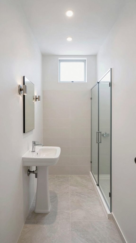 19 Long Narrow Bathroom Ideas That Improve Flow 16 light colors reflective surfaces