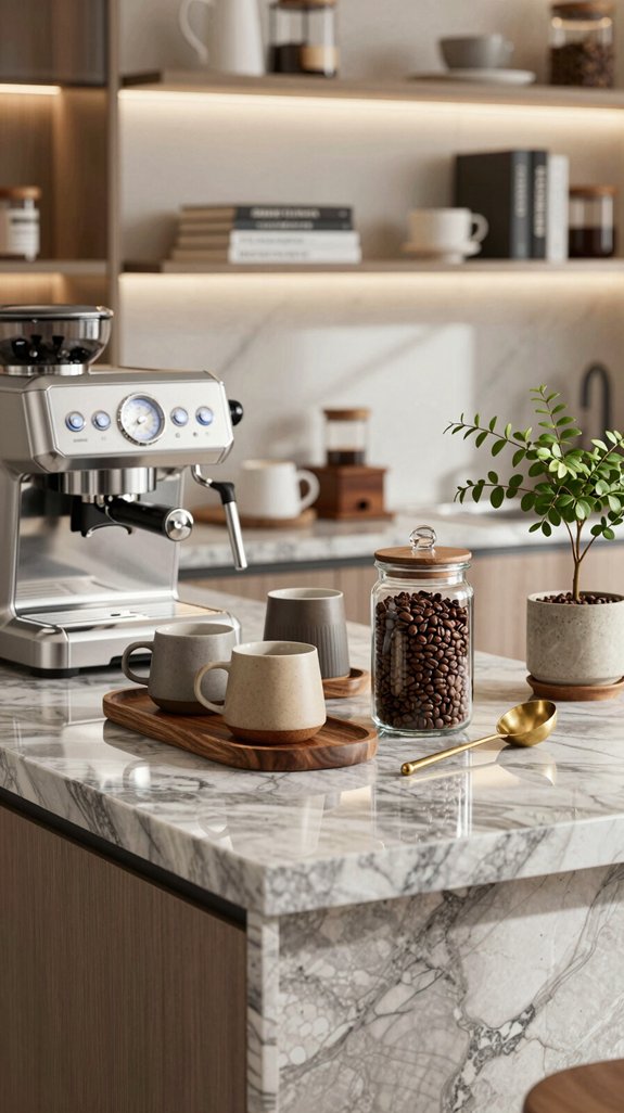14 Coffee Bar Ideas for Kitchen Counter Styling 4 luxurious materials enhance spaces