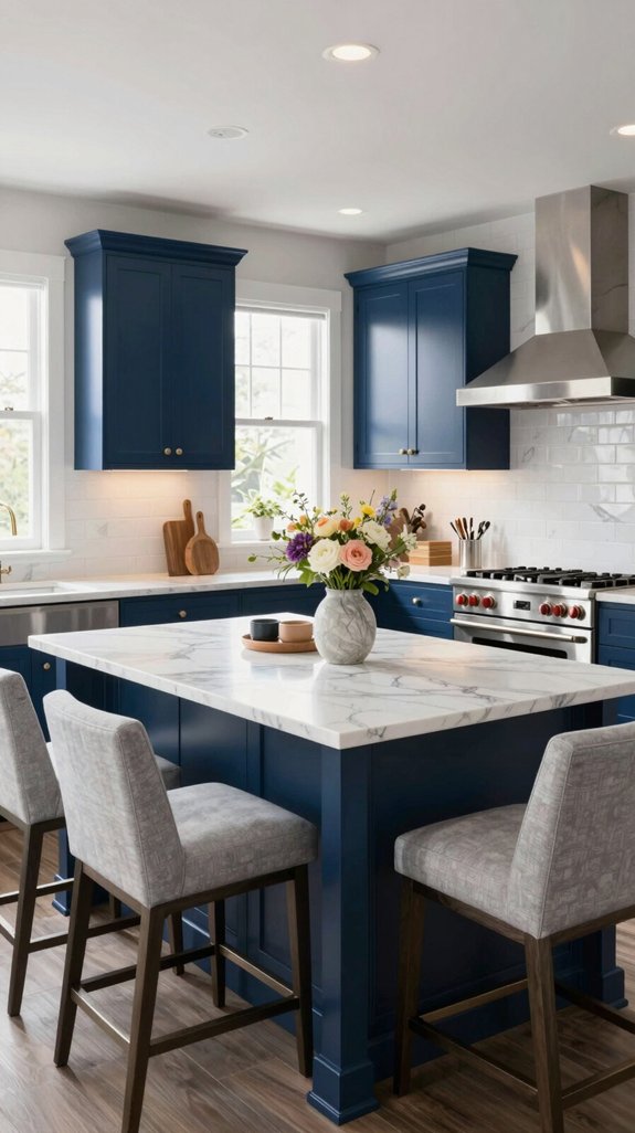 marble accents enhance blue kitchens