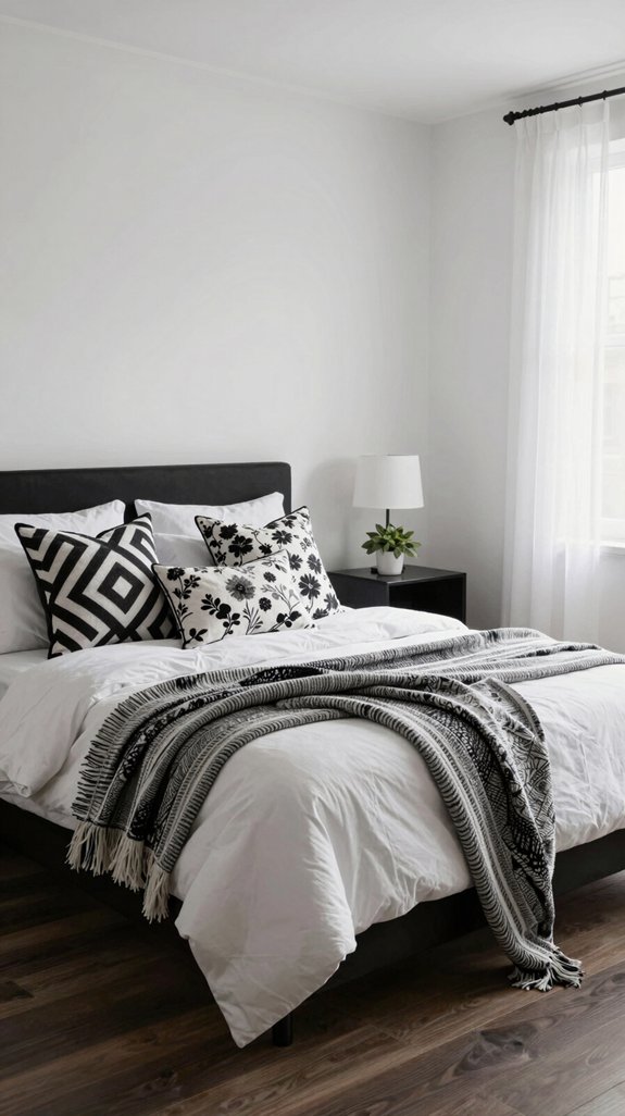 14 Black and White Bedroom Ideas That Never Go Out of Style 13 mixing patterns for warmth