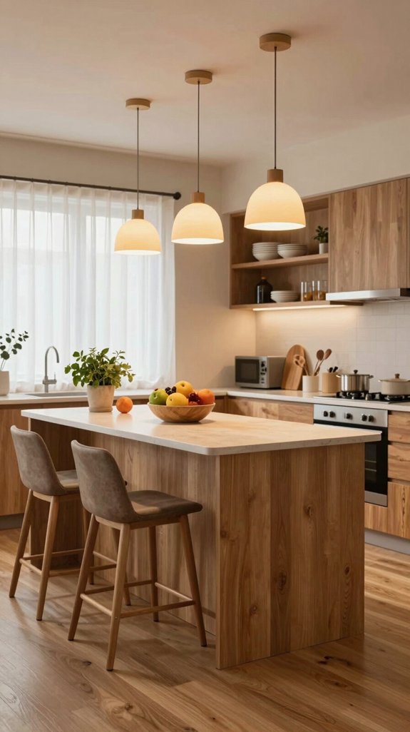 21 Cozy Kitchen Ideas for a Warm Inviting Space 22 modern lighting enhances ambiance