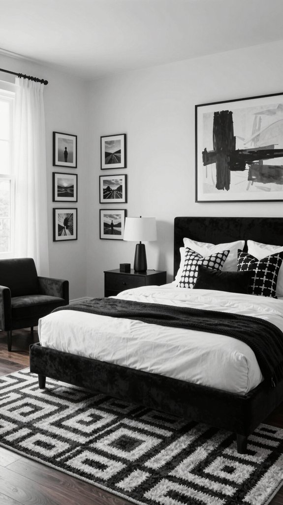 14 Black and White Bedroom Ideas That Never Go Out of Style 9 monochromatic artwork enhances elegance