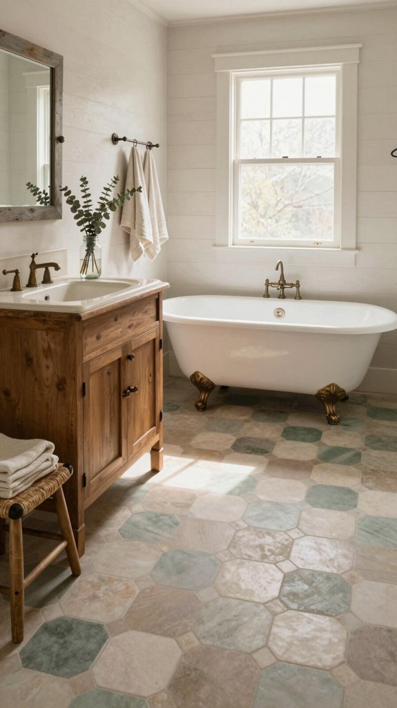 24 Farmhouse Bathroom Ideas With Rustic Charm 10 muted geometric flooring elegance