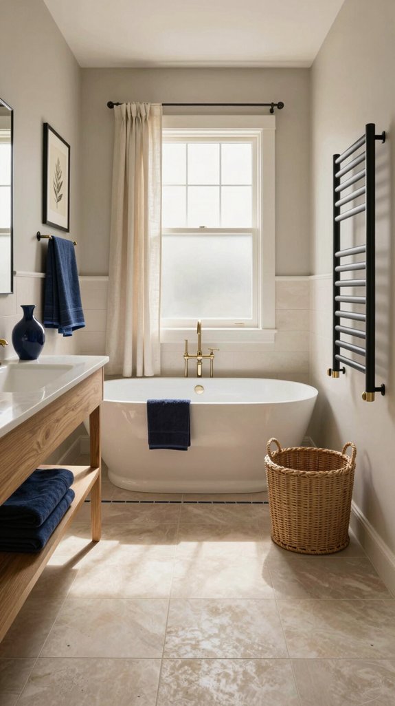 20 Neutral Bathroom Ideas That Feel Warm and Inviting 21 navy accents enhance sophistication