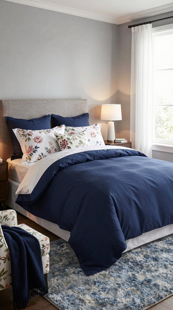 13 Navy Blue Bedroom Ideas for a Sophisticated Look 7 navy floral textile layering