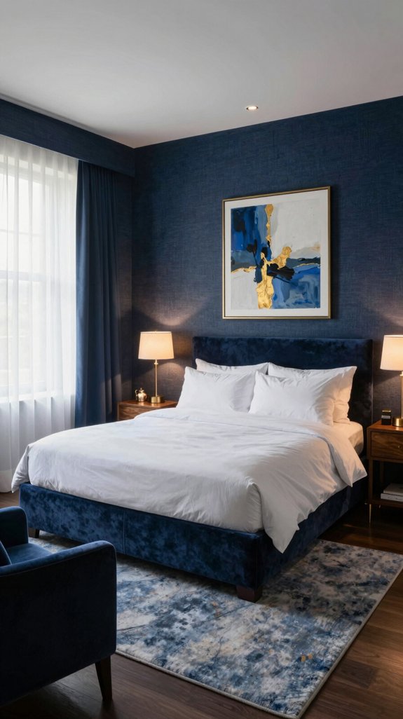 13 Navy Blue Bedroom Ideas for a Sophisticated Look 6 navy grass cloth wallpaper elegance