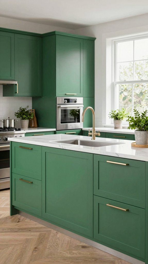 polished nickel green cabinetry