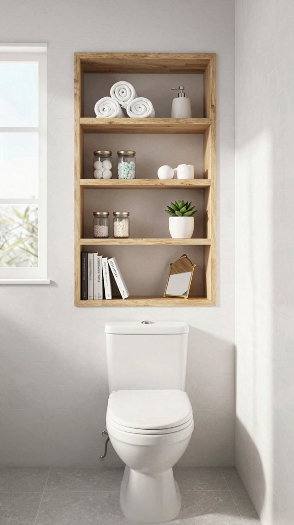 recessed shelves above toilet