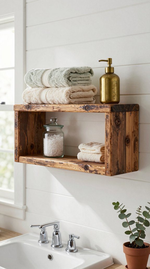 24 Farmhouse Bathroom Ideas With Rustic Charm 22 reclaimed wood storage solution