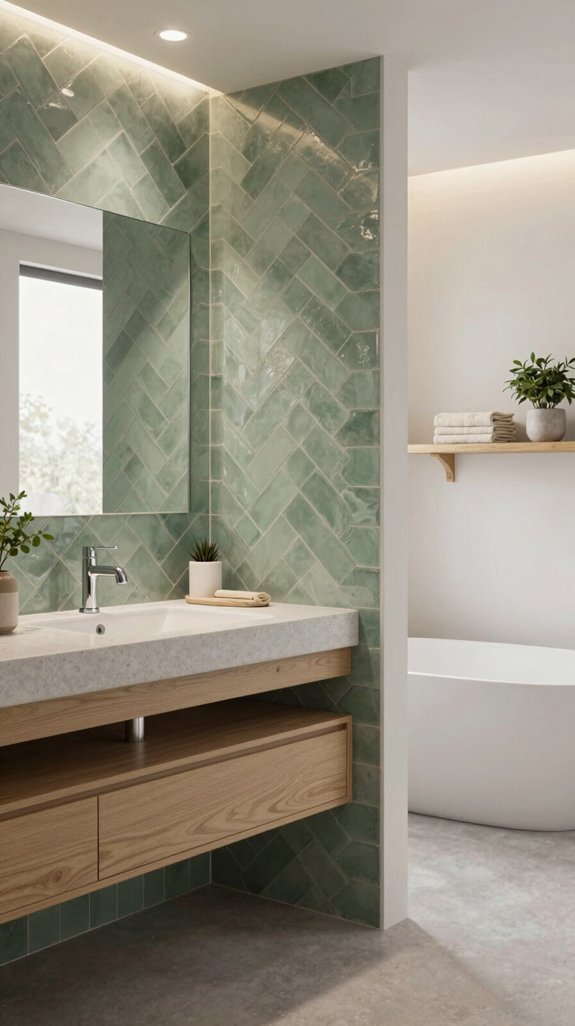 24 Sage Green Bathroom Ideas for a Calm and Modern Look 9 sage green herringbone elegance