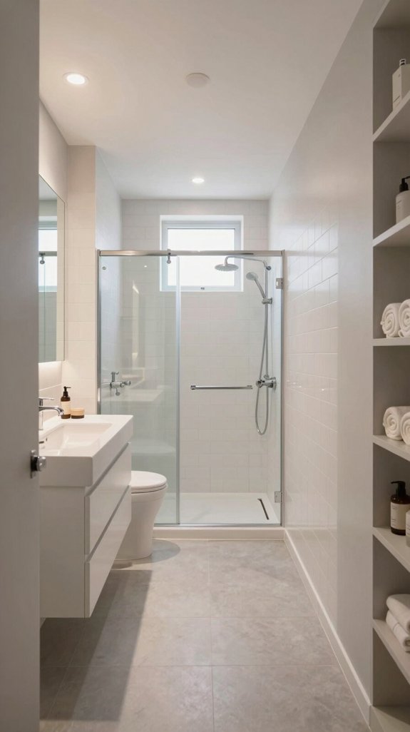 19 Long Narrow Bathroom Ideas That Improve Flow 3 shower placement for efficiency