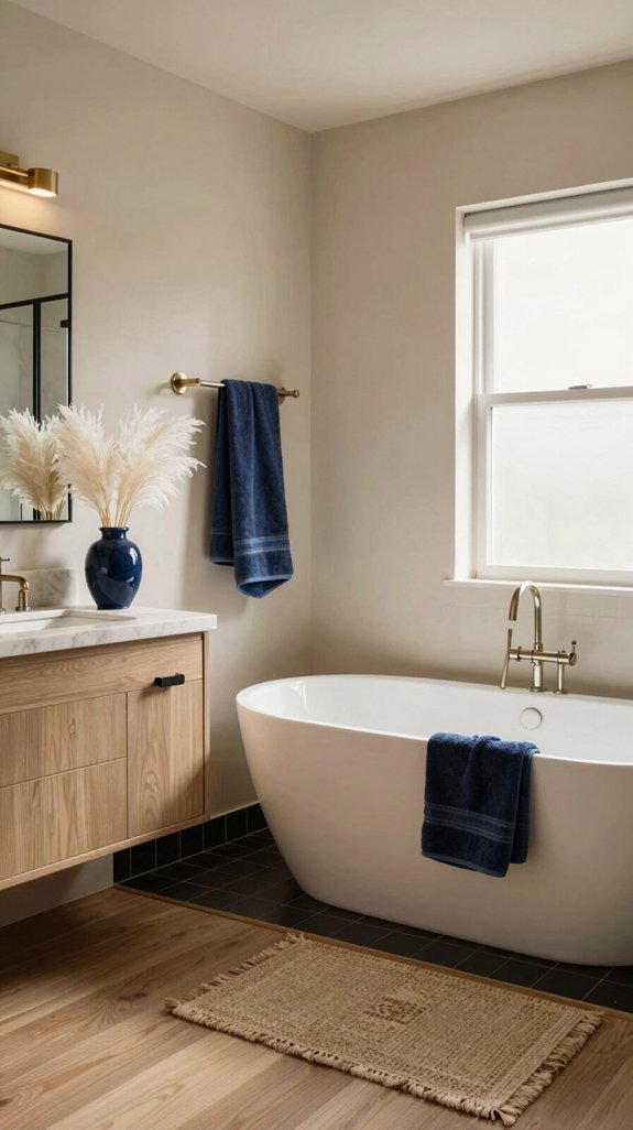 18 Warm Neutral Bathroom Ideas for a Cozy Retreat 10 sophisticated navy and black accents