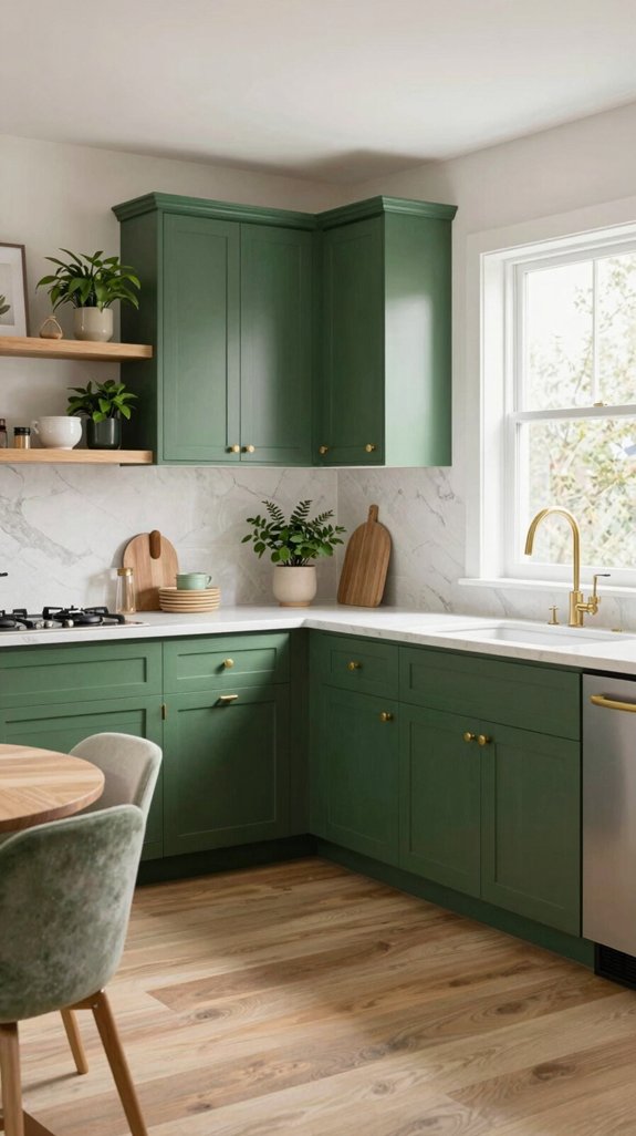 stained green wood cabinets