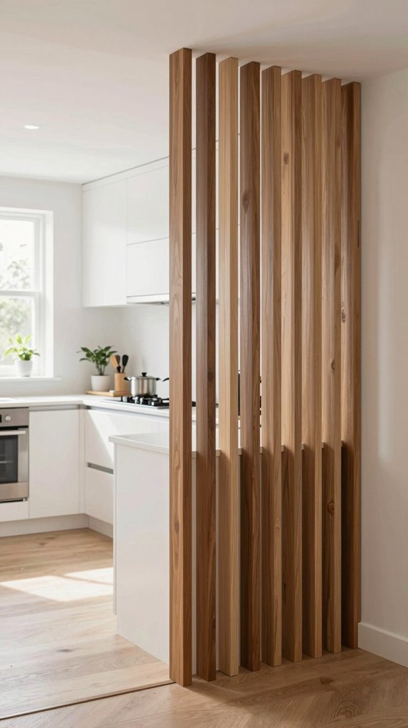 15 Open Kitchen Partition Ideas for Modern Homes 6 stylish vertical wooden slats