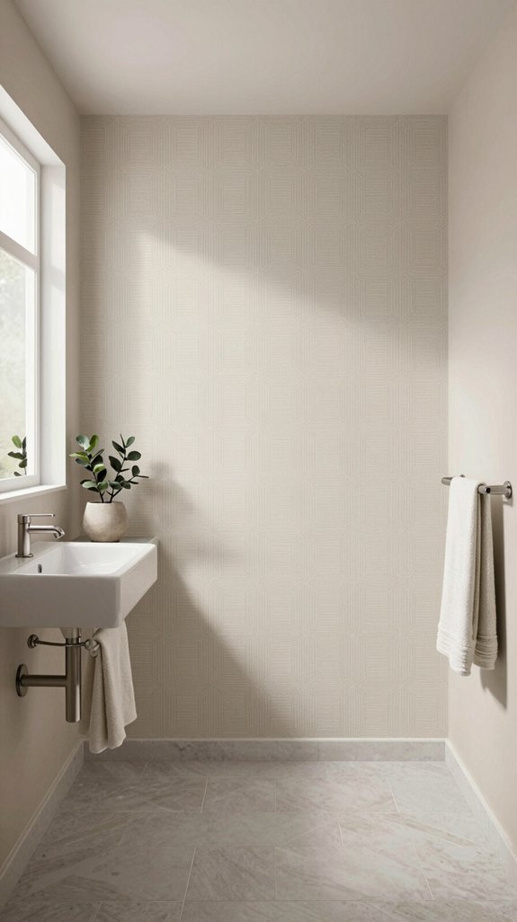 20 Wallpaper Bathroom Ideas That Transform Plain Walls 9 subtle geometric sophistication in bathrooms