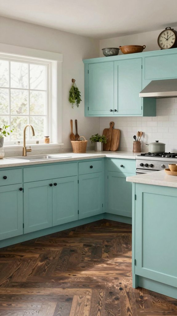 23 Farmhouse Kitchen Ideas for a Cozy Rustic Feel 9 turquoise cabinets dark parquets