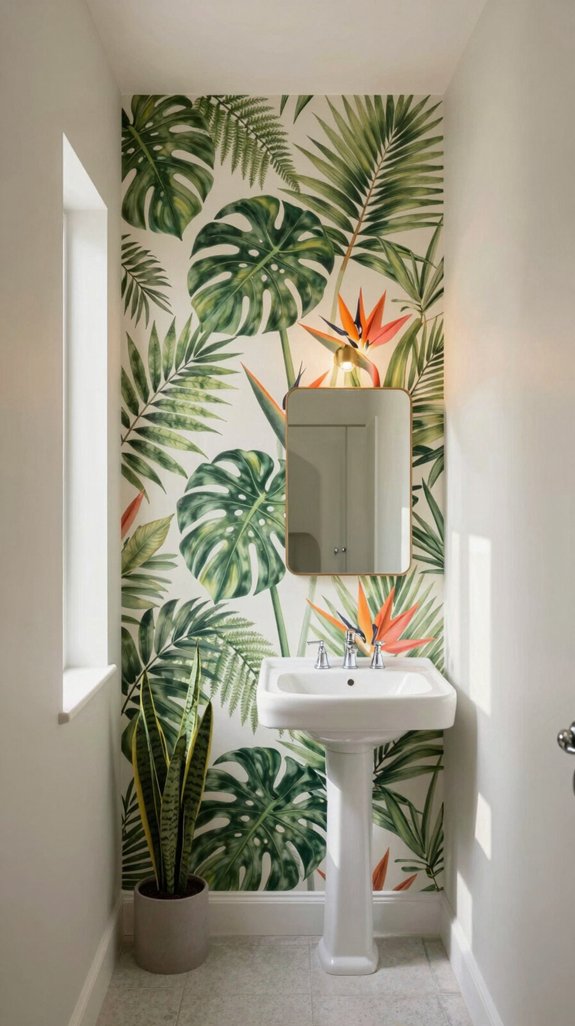 20 Wallpaper Bathroom Ideas That Transform Plain Walls 12 verdant sanctuary bathroom design