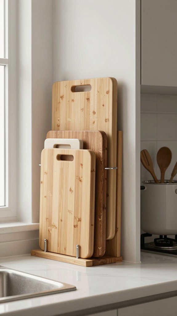 18 Kitchen Shelf Ideas for Stylish Storage 13 vertical cutting board storage