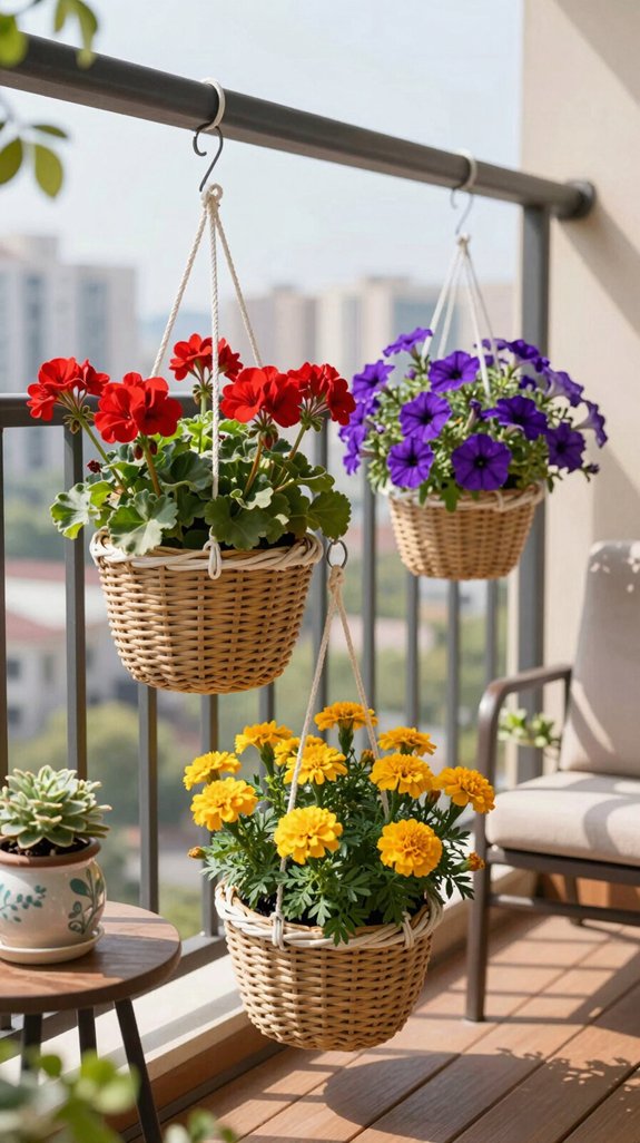 vibrant cascading hanging baskets