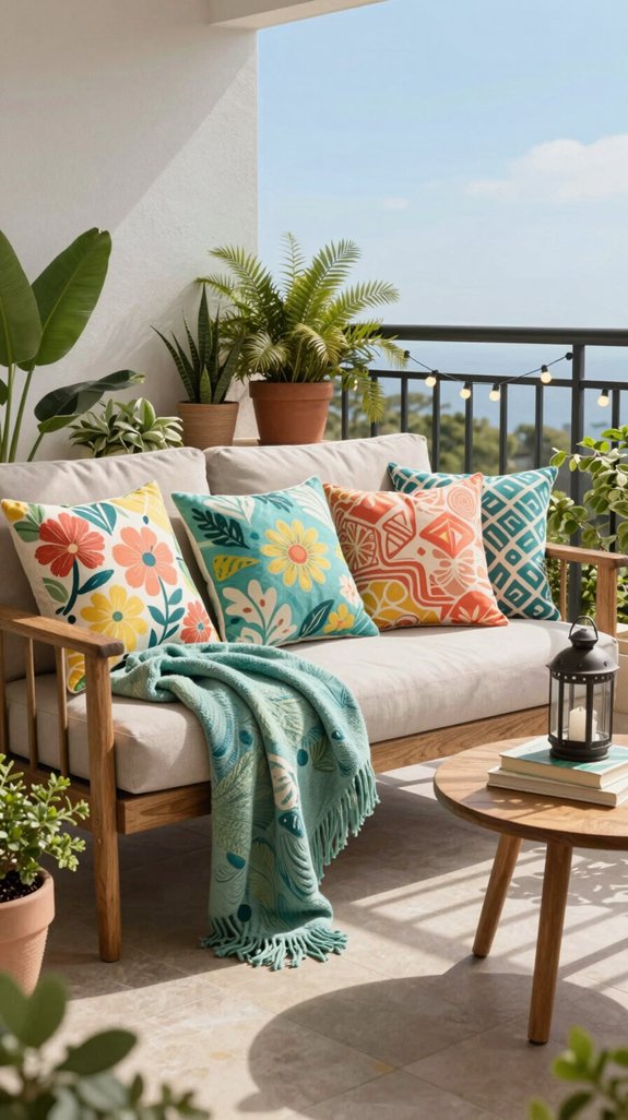 21 Balcony Decoration Ideas to Refresh Your Outdoor Space 14 vibrant cushions enhance outdoor appeal