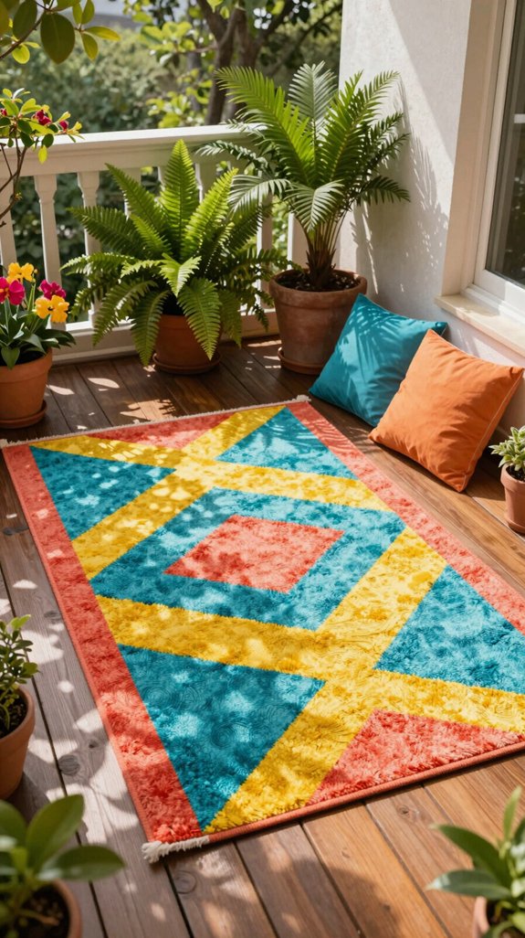 18 Balcony Flooring Ideas That Transform Your Space 9 vibrant rug energizes outdoor space