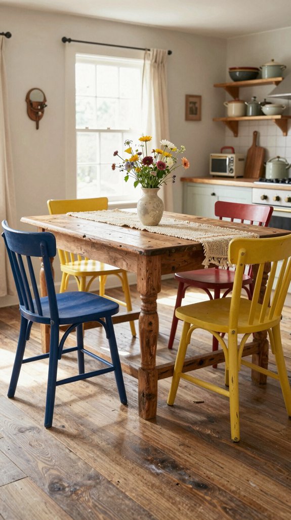 23 Farmhouse Kitchen Ideas for a Cozy Rustic Feel 17 vintage tables colorful chairs