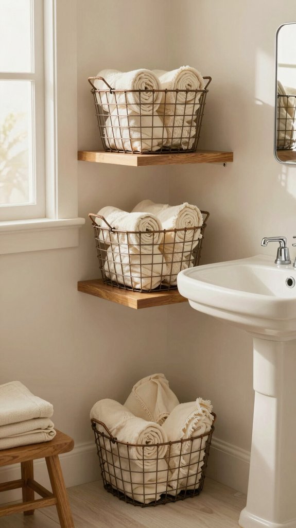 20 Neutral Bathroom Ideas That Feel Warm and Inviting 11 vintage wire basket charm
