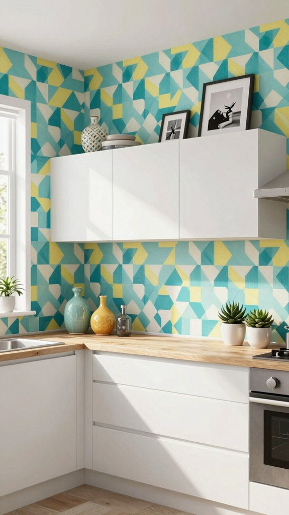 wallpaper above cabinets creatively